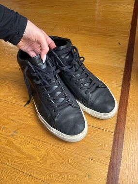 Vince Black Leather High-Top Sneakers with White Soles